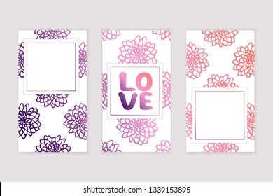 Set of social media stories templates. Floral gradient background. Love