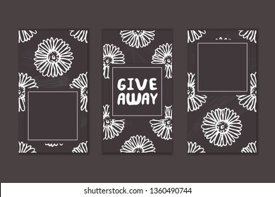 Set of social media stories templates. Floral gradient background. Give away