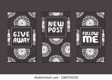 Set of social media stories templates. Chalkboard background. Give away. New post. Follow me