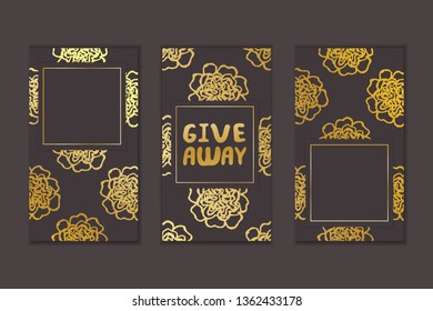 Set of social media stories templates. Floral gradient background. Give away