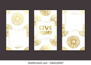 Set of social media stories templates. Floral gradient background. Give away