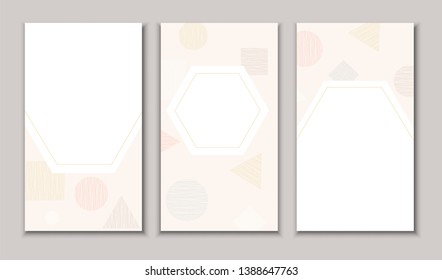 Set of social media stories templates with geometric figures. Vertical abstract banner, flyer, poster with pattern. Vector design collection with gold, silver, bronze circles, squares, triangles.