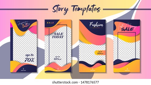 Set of Social Media Stories Templates Sale Banner Background Dynamic Fluid. Modern Dark Navy Yellow Orange Pink Gradient Liquid. Modern layout Design eps10 editable vector