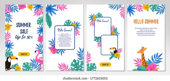 Set of social media stories templates with hand drawn elements. Vertical summer design for letters, invitation, messages, social media, cards. Vector illustration. Space for text