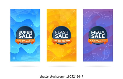 Set of social media stories templates with wavy fluid liquid organic gradient. Sale banner design.