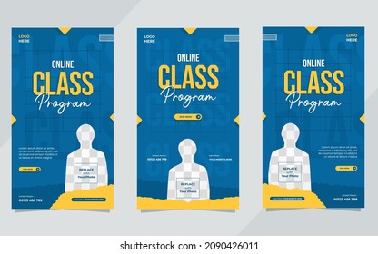 Set of social media stories templates on minimalistic blue background. Suitable for Online class program and Online Education