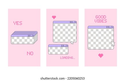 Set of social media stories templates in retrowave aesthetic. Vector illustration with retro computer windows. Vertical backgrounds in y2k, 00s, 90s style