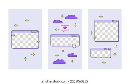 Set of social media stories templates in retrowave aesthetic. Vector illustration with retro computer windows. Vertical backgrounds in y2k, 00s, 90s style