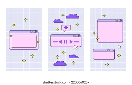 Set of social media stories templates in retrowave aesthetic. Vector illustration with retro computer windows. Vertical backgrounds in y2k, 00s, 90s style