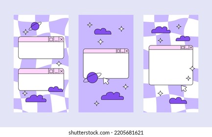 Set of social media stories templates in retrowave aesthetic. Vector illustration with retro computer windows. Vertical backgrounds in y2k, 00s, 90s style