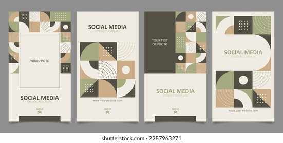 Set of social media stories templates with abstract geometric design elements in neutral colors. Vertical rectangle layout design for social media story, vertical video, banner, business card, etc.