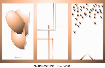 Set of social media stories vertical templates. Gold metallic liquid abstract bubbles, frames, circles isolated on white. Swipe up signs. Screensaver wallpaper design with copy space. Luxury style.