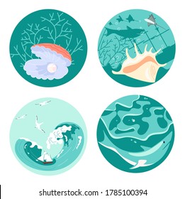 Set of Social Media Story highlight icons in sea stile. Underwater scene beautiful pearl and animal shells, danger shark and marine sailing ship among storm waves. Flat Art Vector illustration