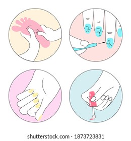 Set of Social Media Story highlight icons for Manicure, pedicure and nail art designs. Female manicured hands and feet. Flat Art Vector illustration
