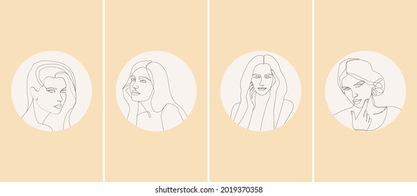 Set for social media, Story Highlights Covers. Fully editable vector file. Modern backgrounds for beauty center, fashion studio, haircut salon and cosmetics - beautiful woman.
