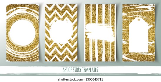 Set of social media story templates, banners with gold glitter background and place for message, vector illustration