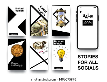 Set of social media story templates for business. Adaptive for smartphones story design. Promotion & ads with hand drawn money, calendar, light bulb, coin and hourglass. Isolated vector templates.