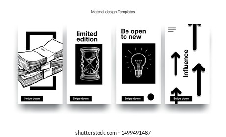 Set of social media story templates for business. Adaptive for smartphones story design. Promotion & ads with hand drawn money, calendar, light bulb, coin and hourglass. Isolated vector templates.