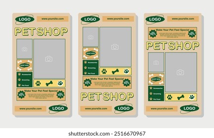 Conjunto de Plantillas de historia de redes sociales para tienda de mascotas, aseo de perros y promoción de venta con área de Imagen