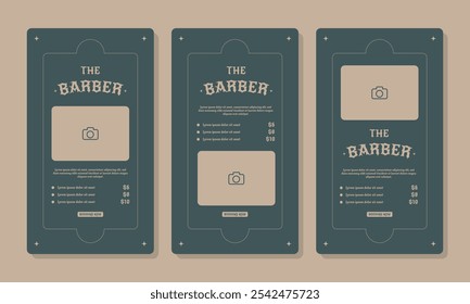Set of Social media Story templates for barber shop simple and elegant with outline accent in dark green color