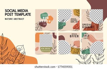 Set of Social Media Template with abstract shape, line and leaves. Contemporary modern trendy Vector illustrations