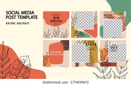 Set of Social Media Template with abstract shape, line and leaves. Contemporary modern trendy Vector illustrations