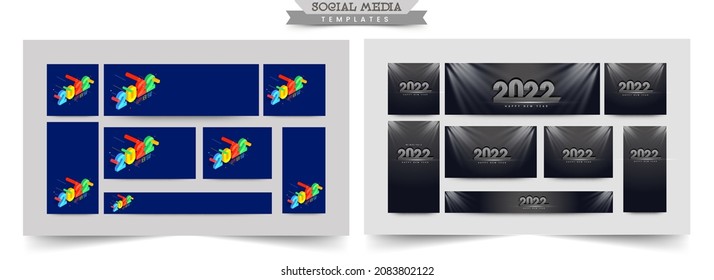 Set Of Social Media Template And Banner Design With 3D 2022 Number For Happy New Year Concept.