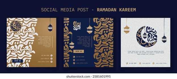 Set of social media template in blue and gold design with lantern and arabic ornament background. Islamic background design. arabic text mean is ramadan kareem