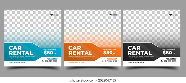 Set of Social media template for car rental. Editable modern banner design with cyan, orange, and black color background.