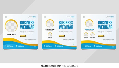 Set of social media template with circle frame and wave background, suitable for business webinar, marketing webinar, and other online seminars