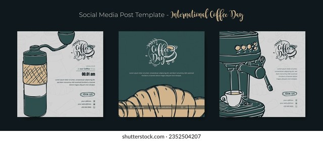 Set of social media template with coffee equipment in cartoon sketch design for coffee day campaign