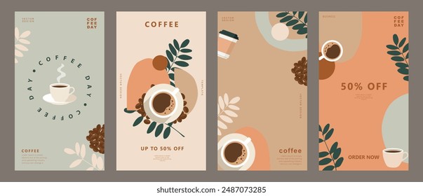 Set of social media template with coffee beans and coffee mug on minimal background for stories post, storytelling, cards, banner, poster, cover, cafe menu or another design. Vector illustration.