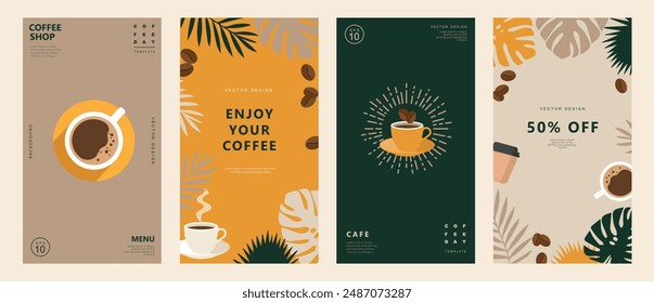 Set of social media template with coffee beans and coffee mug on minimal background for stories post, storytelling, cards, banner, poster, cover, cafe menu or another design. Vector illustration.