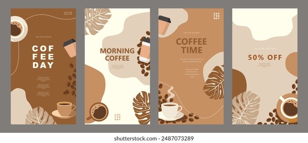 Set of social media template with coffee beans and coffee mug on minimal background for stories post, storytelling, cards, banner, poster, cover, cafe menu or another design. Vector illustration.