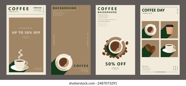 Set of social media template with coffee beans and coffee mug on minimal background for stories post, storytelling, cards, banner, poster, cover, cafe menu or another design. Vector illustration.