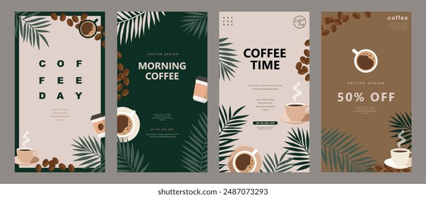 Set of social media template with coffee beans and coffee mug on minimal background for stories post, storytelling, cards, banner, poster, cover, cafe menu or another design. Vector illustration.