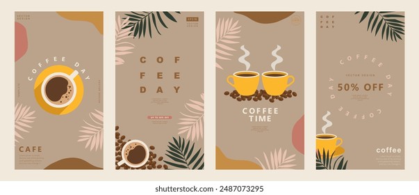 Set of social media template with coffee beans and coffee mug on minimal background for stories post, storytelling, cards, banner, poster, cover, cafe menu or another design. Vector illustration.