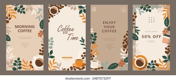 Set of social media template with coffee beans and coffee mug on minimal background for stories post, storytelling, cards, banner, poster, cover, cafe menu or another design. Vector illustration.