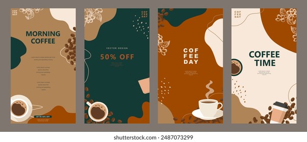 Set of social media template with coffee beans and coffee mug on minimal background for stories post, storytelling, cards, banner, poster, cover, cafe menu or another design. Vector illustration.