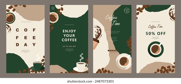 Set of social media template with coffee beans and coffee mug on minimal background for stories post, storytelling, cards, banner, poster, cover, cafe menu or another design. Vector illustration.