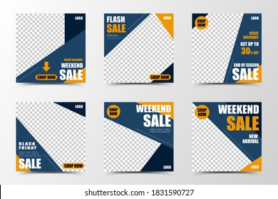 Un conjunto de plantillas de medios sociales en azul oscuro y naranja, creando bloques de color modernos y de moda, adecuados para ventas o promoción estacionales
