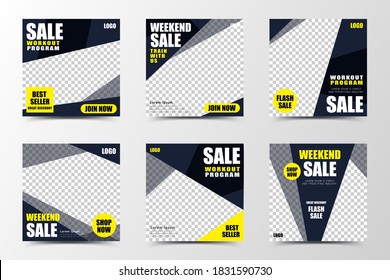 Un conjunto de diseños de plantillas de medios sociales con color de fondo negro, gris oscuro, creando bloques de color nítidos, adecuados para ventas o promoción estacionales