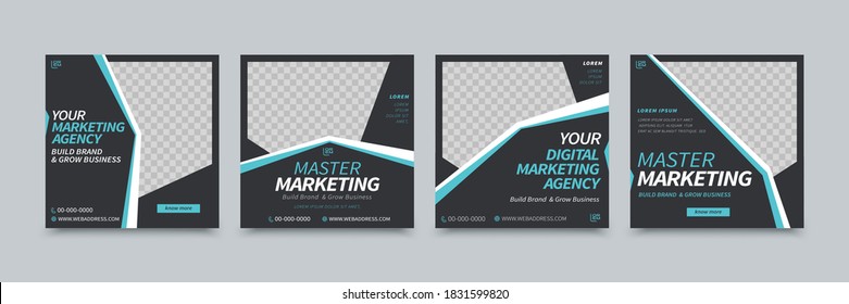 A set of social media template design with black background colors and blue strips to create geometric shapes, suitable for brand building or promotion