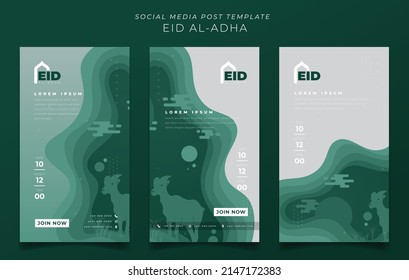Set of social media template for eid mubarak in portrait paper cut background with goat design