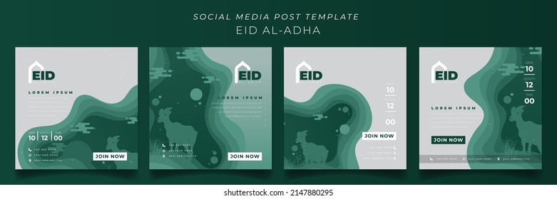 Set of social media template for eid mubarak with goat in green paper cut background design