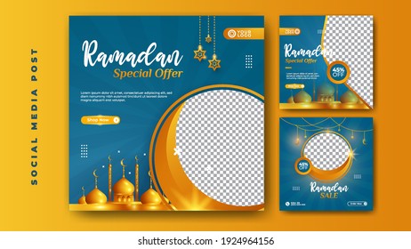 Set of social media template elegant luxury ramadan kareem with mosque, cescent moon and stars