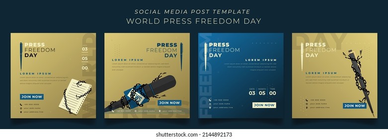 Set of social media template in gold and blue square background for world press freedom day design