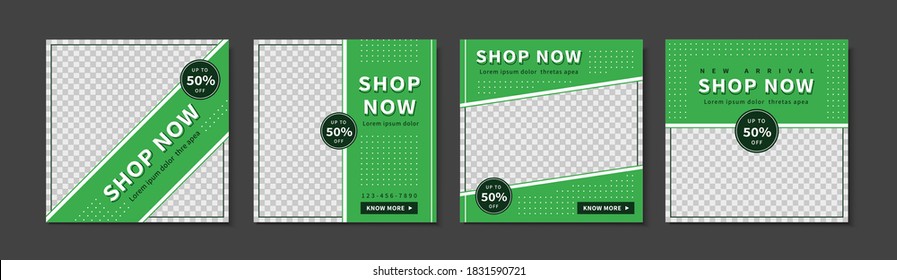 A set of social media template in green background color, creating a healthy ,retro, energetic atmosphere, suitable for sales or business promotion