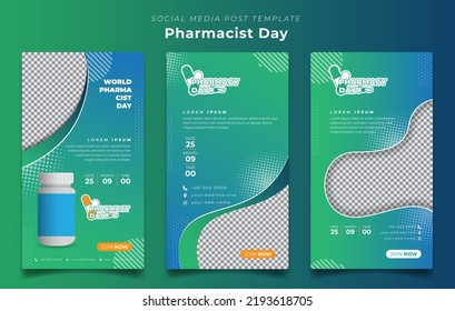 Set of social media template in green and blue background for world pharmacist day campaign design
