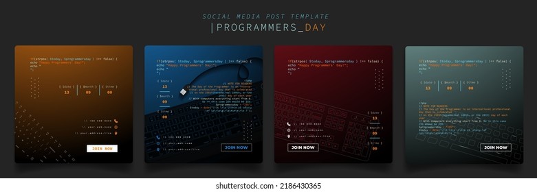 Set of social media template with keyboard design in gradient background for programmers day design